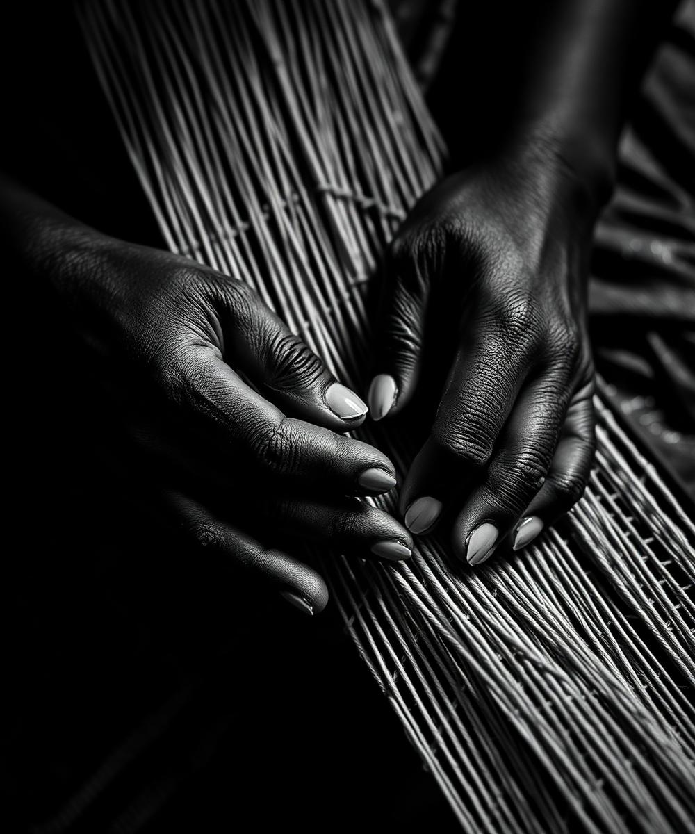 Close-up of an artisan's hands weaving a traditional pattern