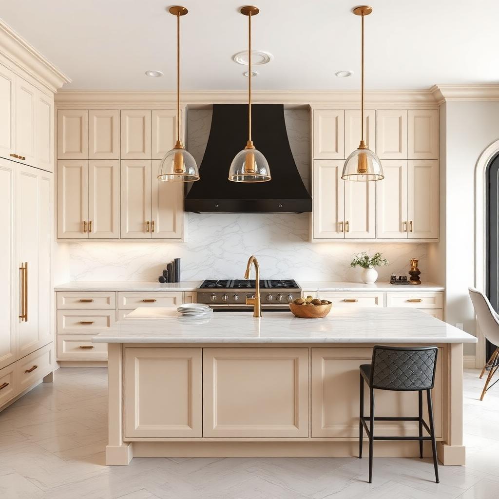 Cream Cabinetry Marble Island Kitchen